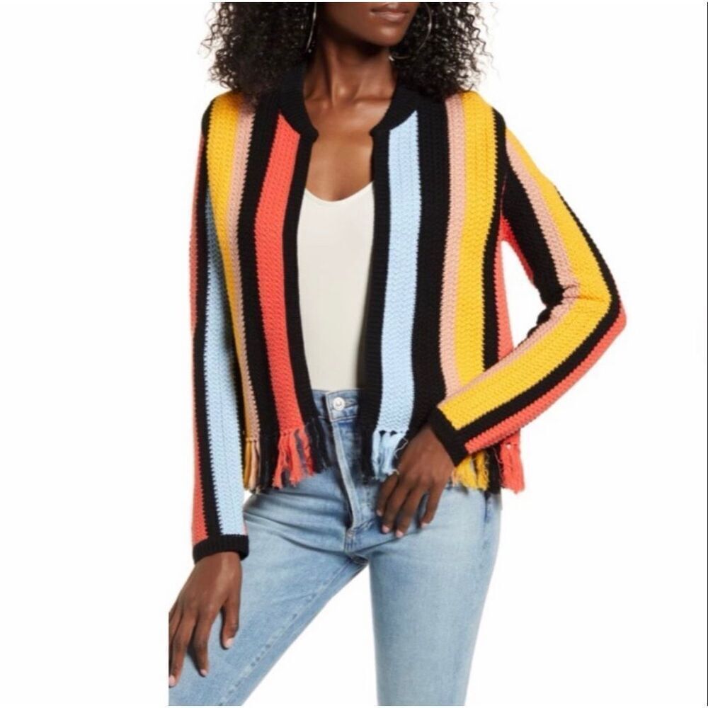 English Factory Crochet Knit Fringe Open Cardigan Jacket Multi Color Size S